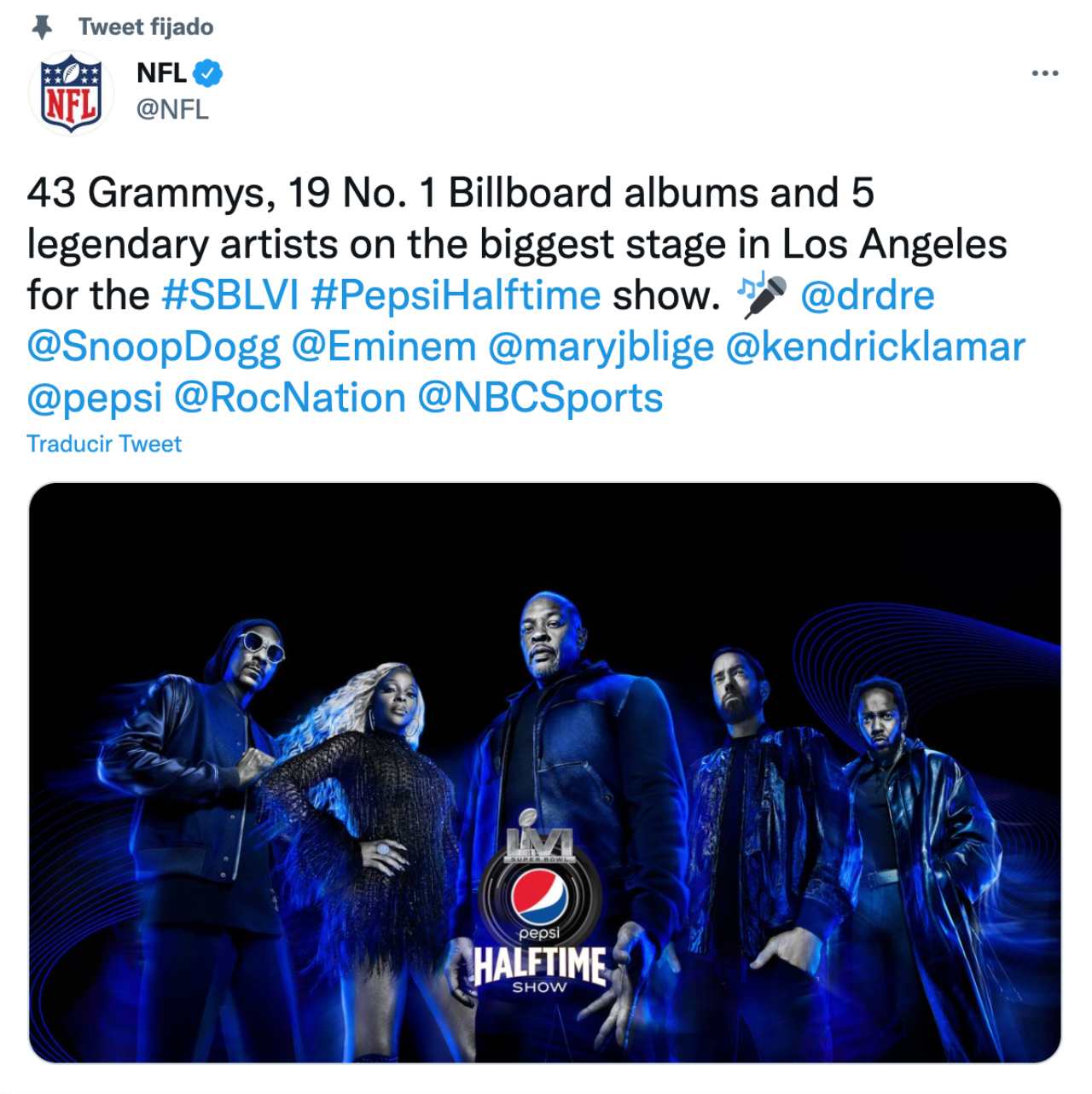 Dr. Dre, Eminem, Snoop Dogg, Mary J. Blinge y Kendrick Lamar en el Super Bowl 2022