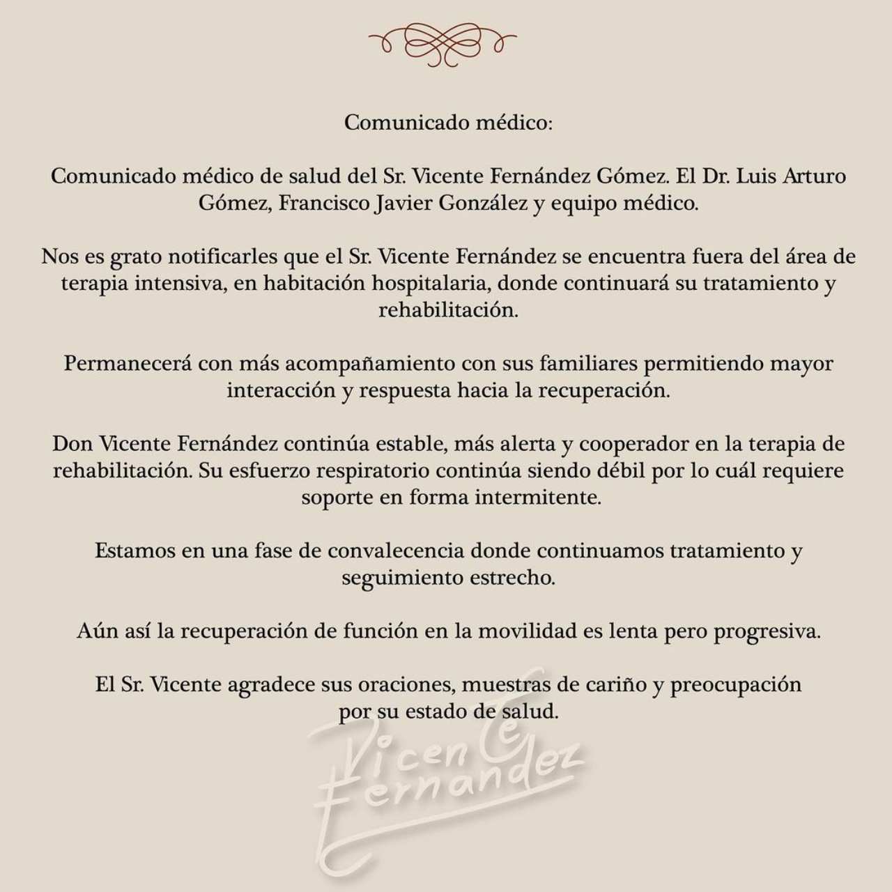 Vicente Fernández comunicado sobre su salud