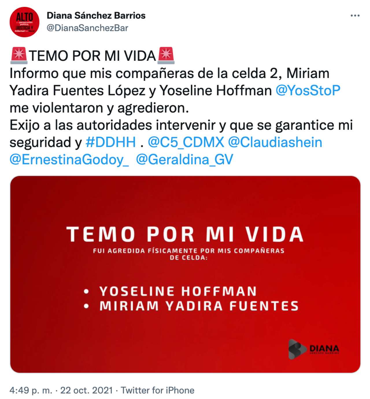 Diana Sánchez Barrios denuncia agresión YosStop