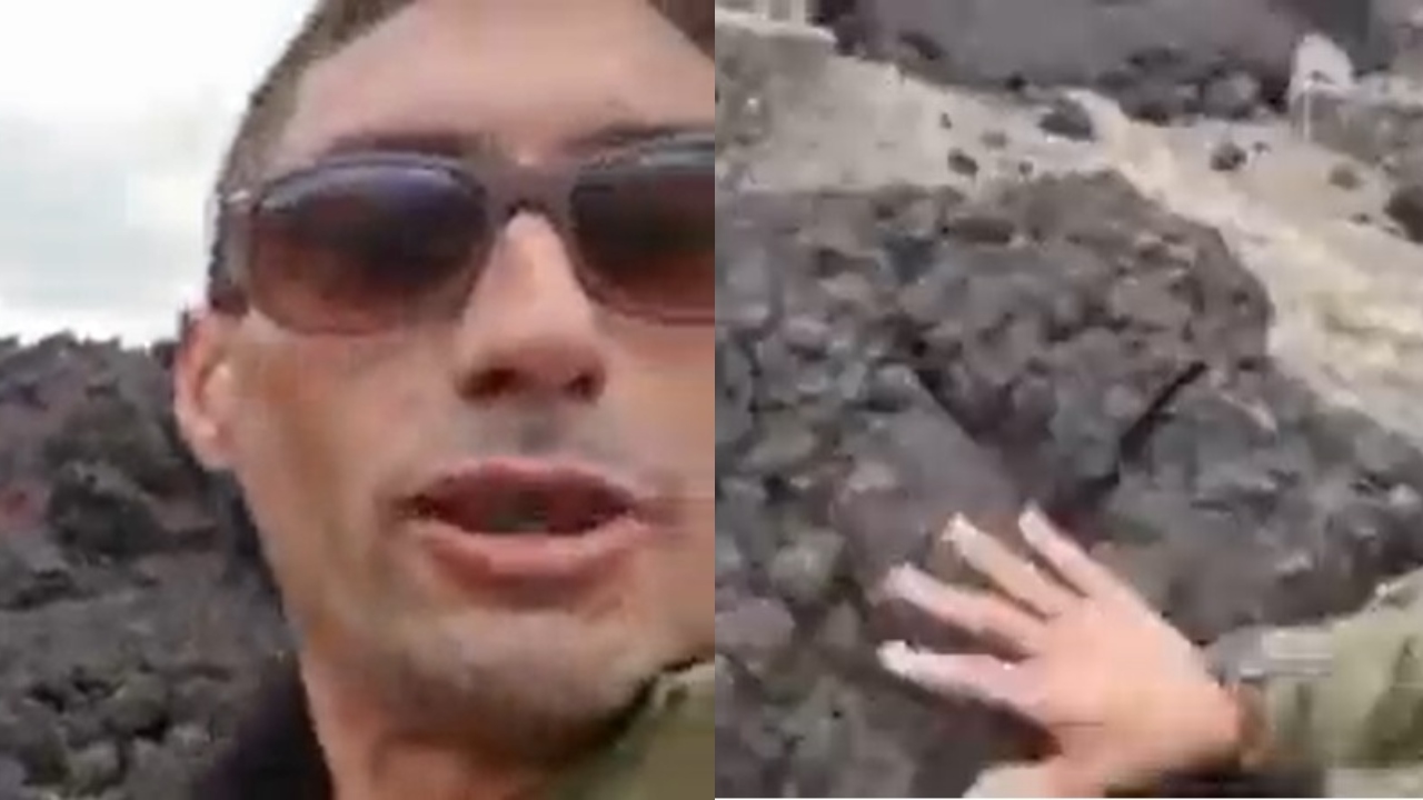 Reportero toca lava volcan se quema