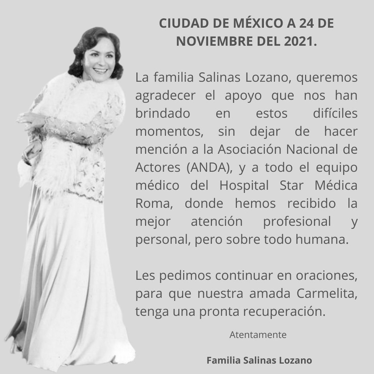 carmen Salinas comunicado oficial recuperacion salud