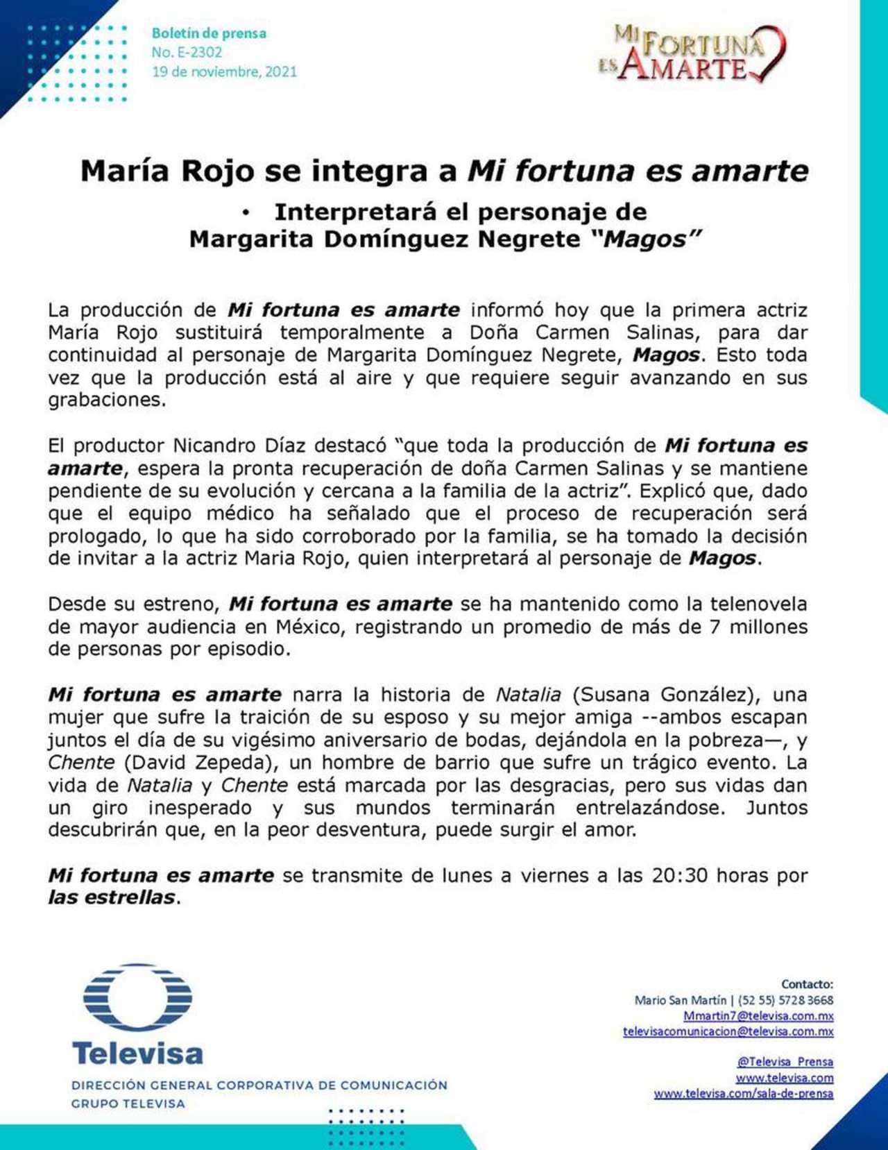 Comunicado reemplazo Carmen Salinas telenovela Televisa