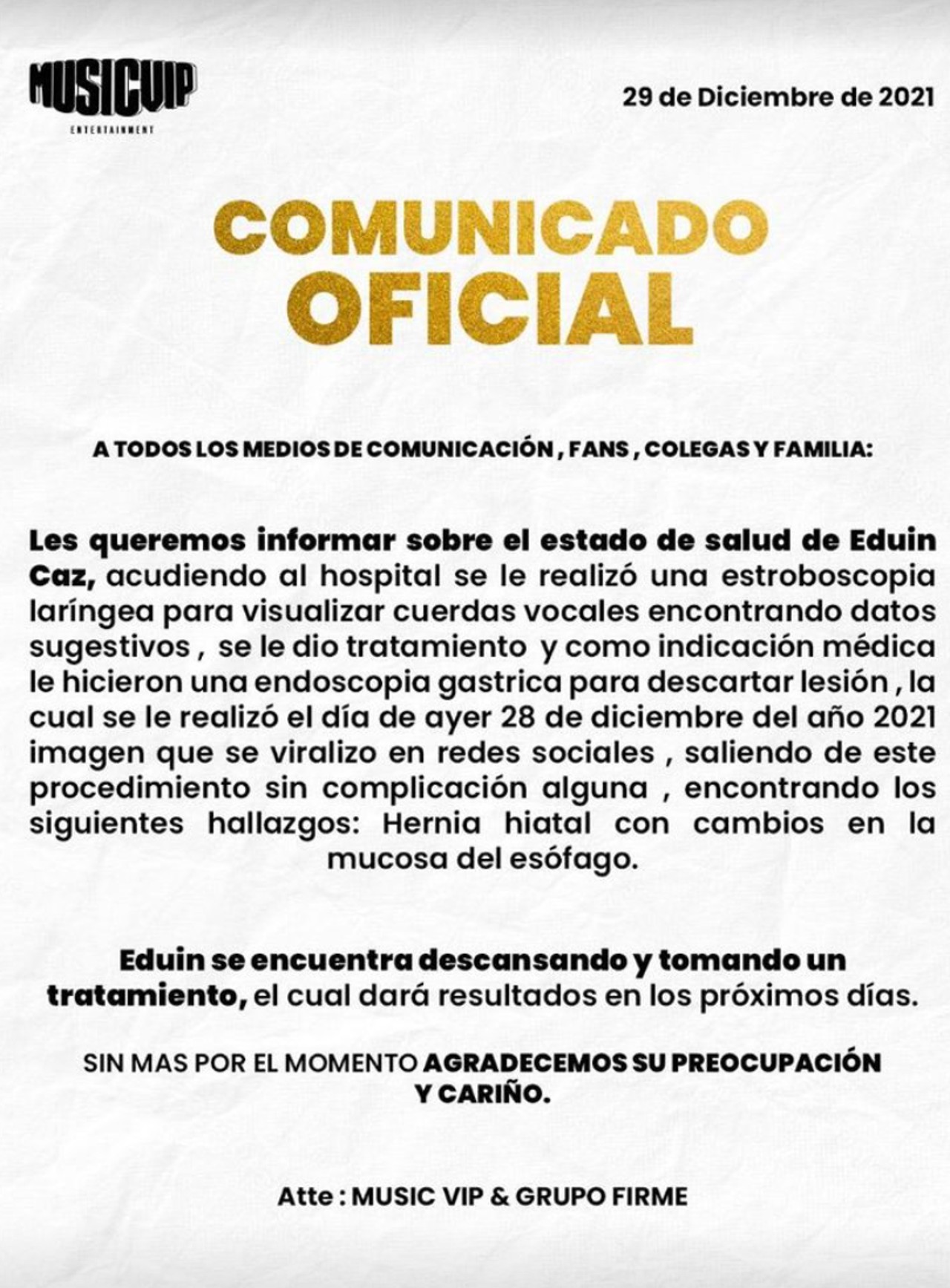 comunicado oficial salud de eduin caz