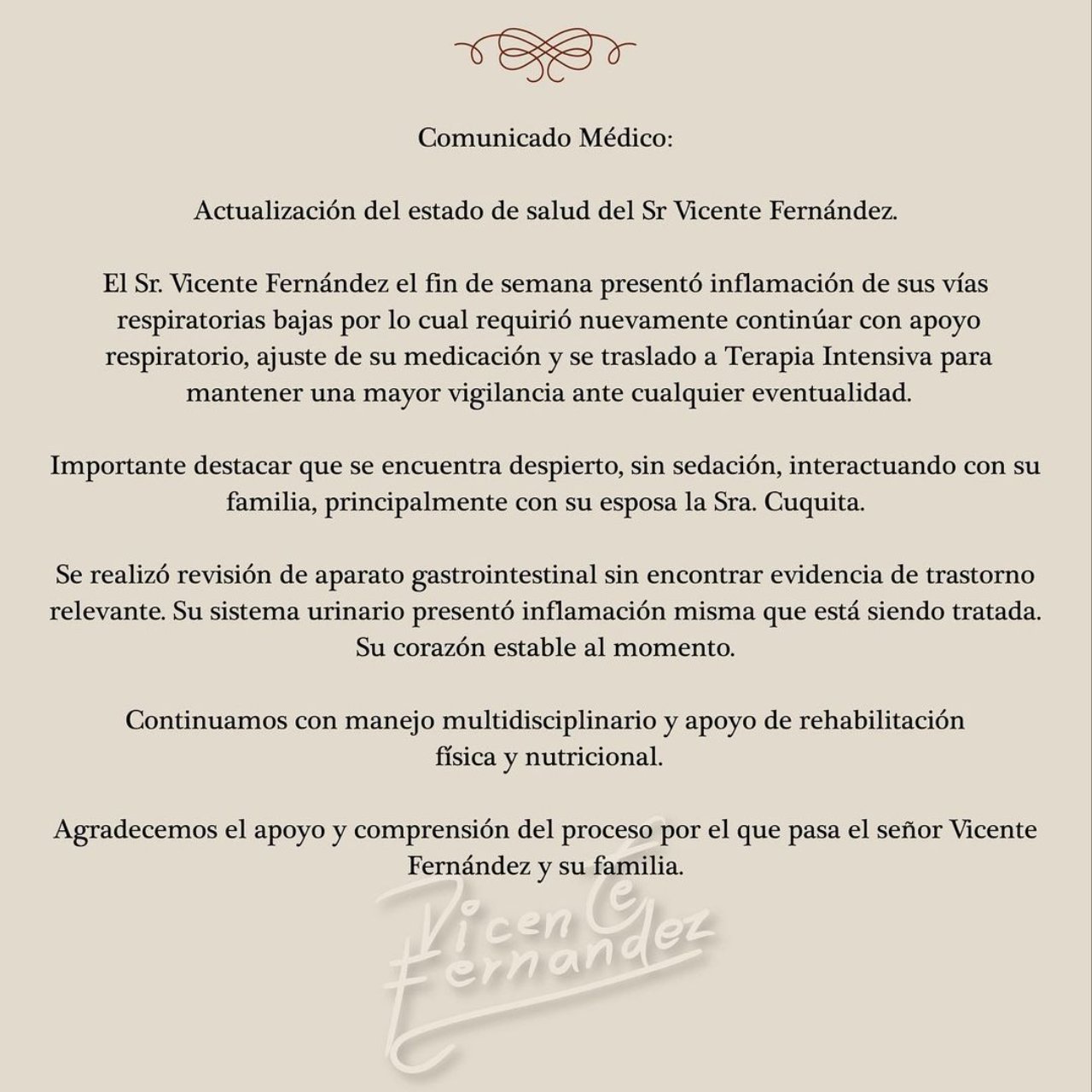 Vicente Fernandez terapia intensiva vias respiratorias