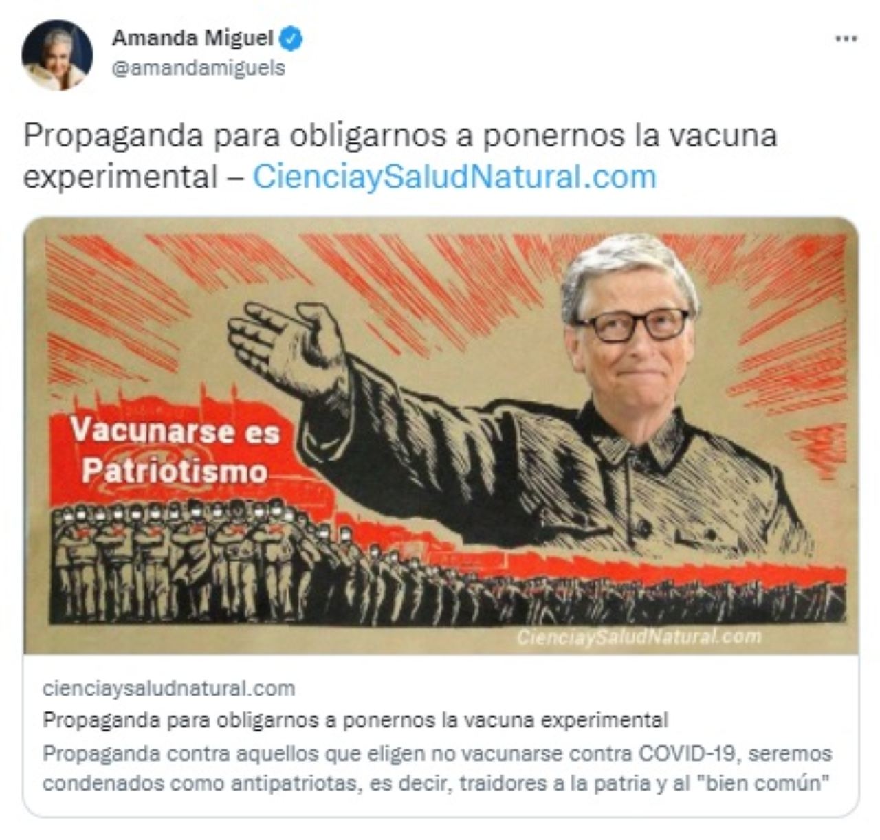 Amanda Miguel es antivacunas tweet covid