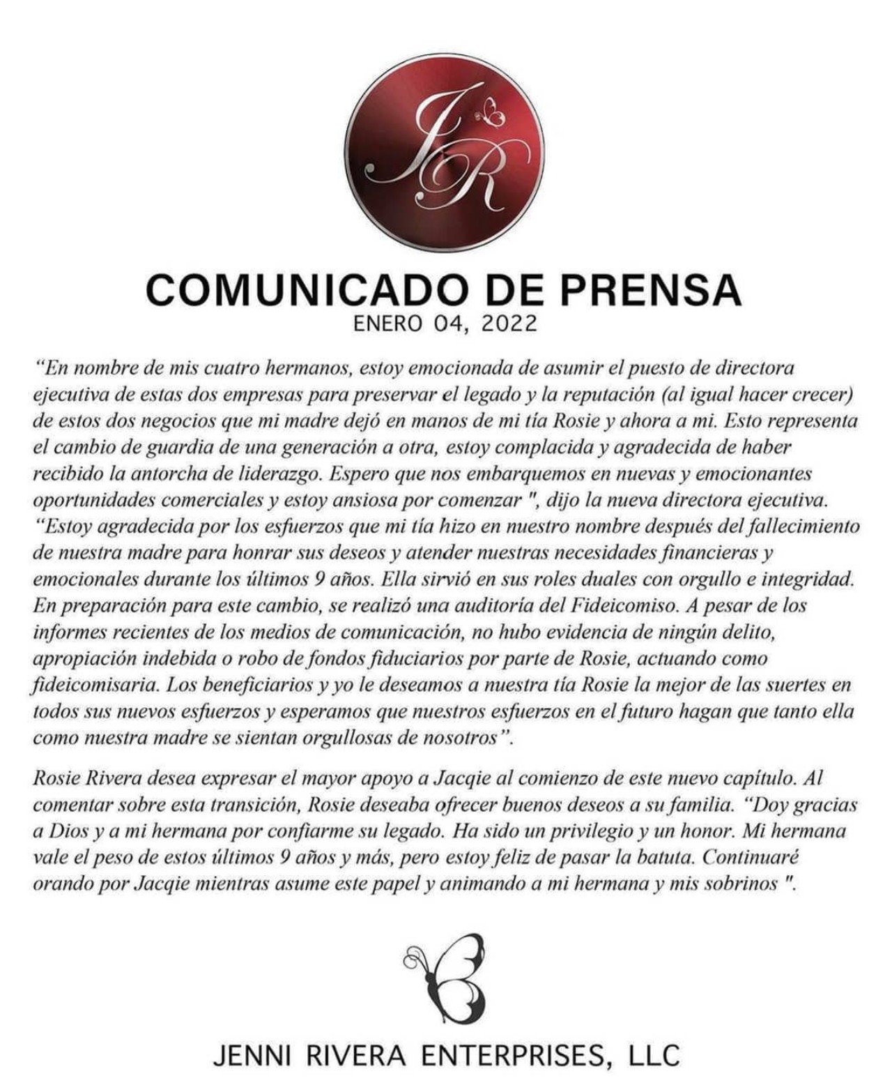 comunicado ofical empresas dueña jenni rivera