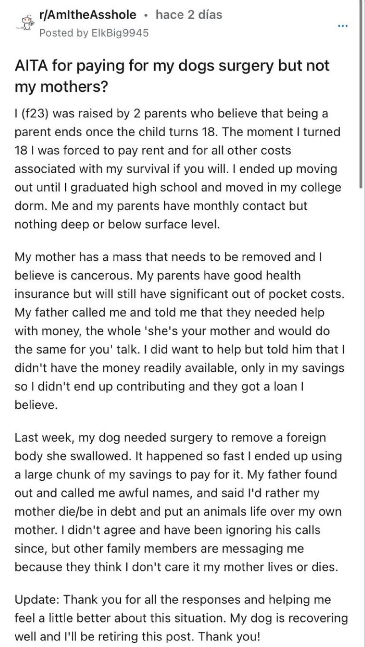 mensaje reddit hijo pagar operacion perro madre