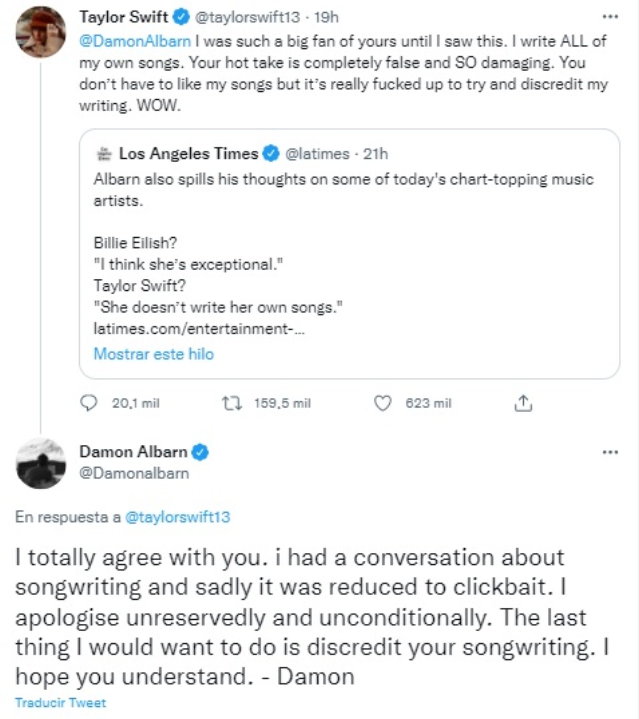 Damon Albarn Taylor Swift canciones tweet