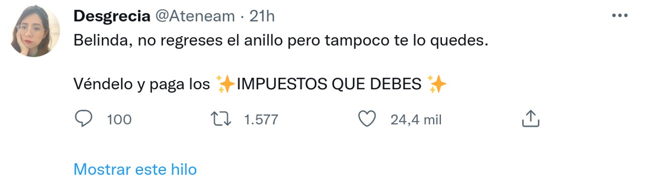 belinda paga impuestos nodal anillo