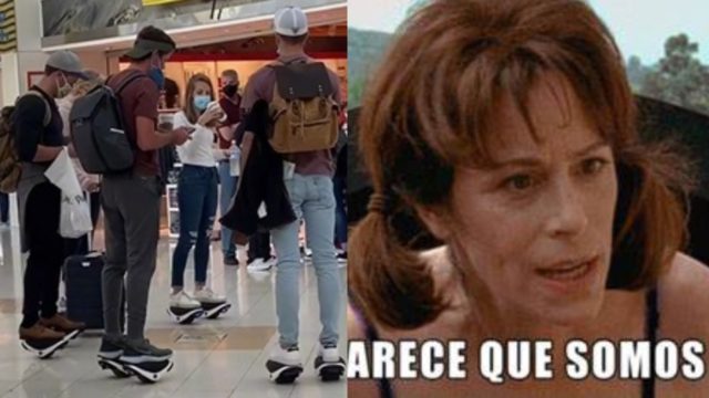Familia patines electricos en el aeropuerto
