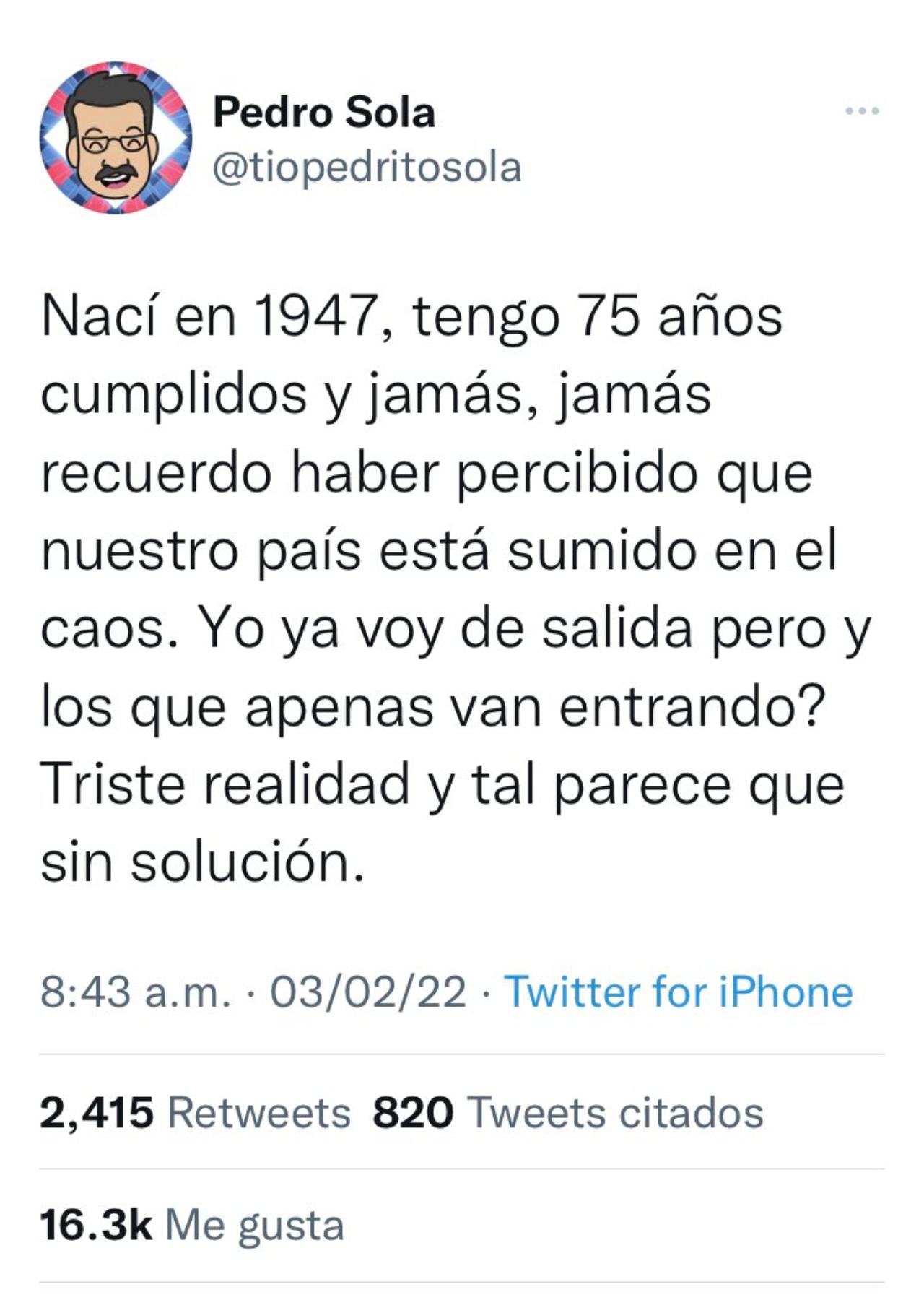 Pedrito Sola critica gobierno AMLO tweet