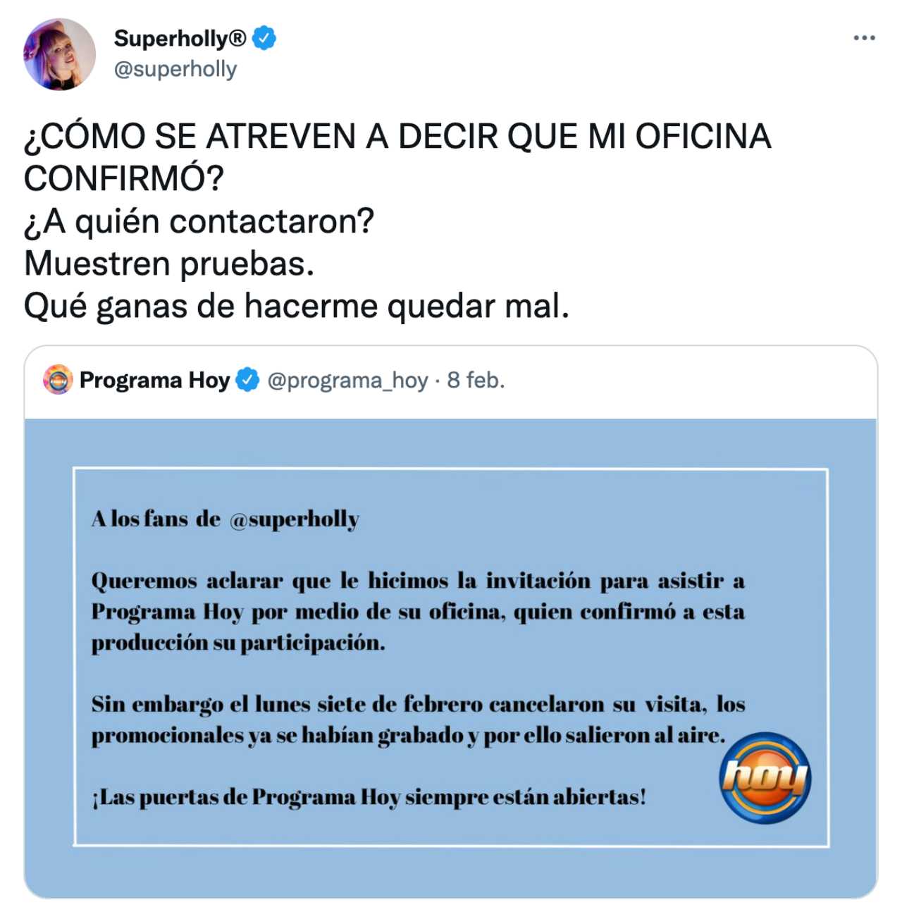 Superholly critica al programa Hoy