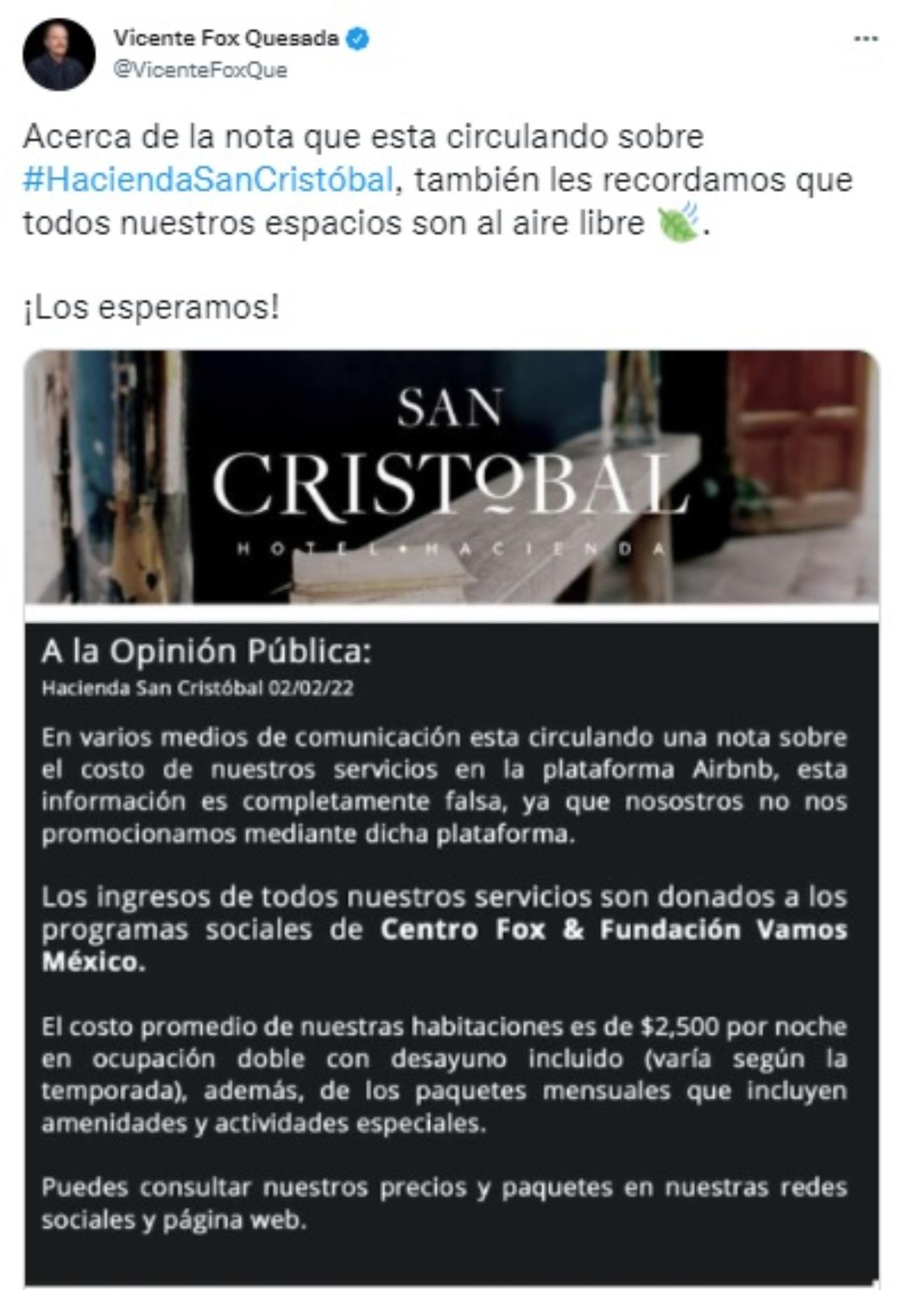 Renta Vicente Fox hacienda 200 mil