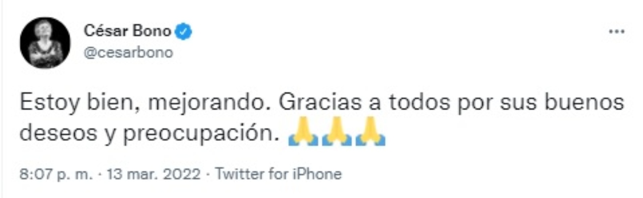 Cesar Bono reaparece tras estar grave