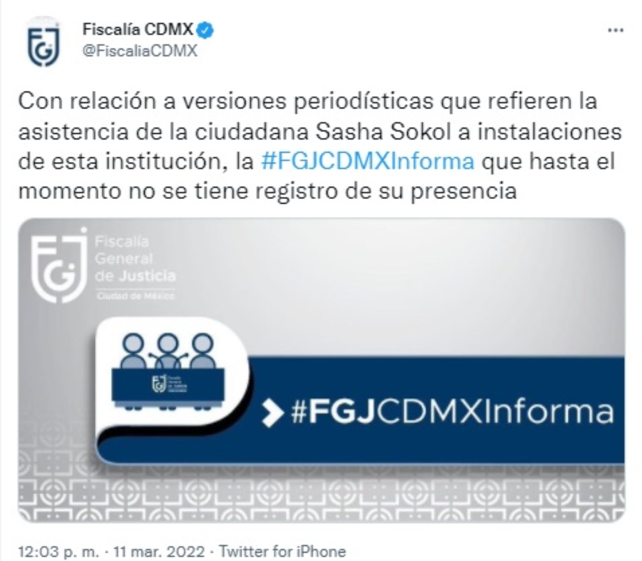 Fiscalia FGJ Sasha no denuncia todavia