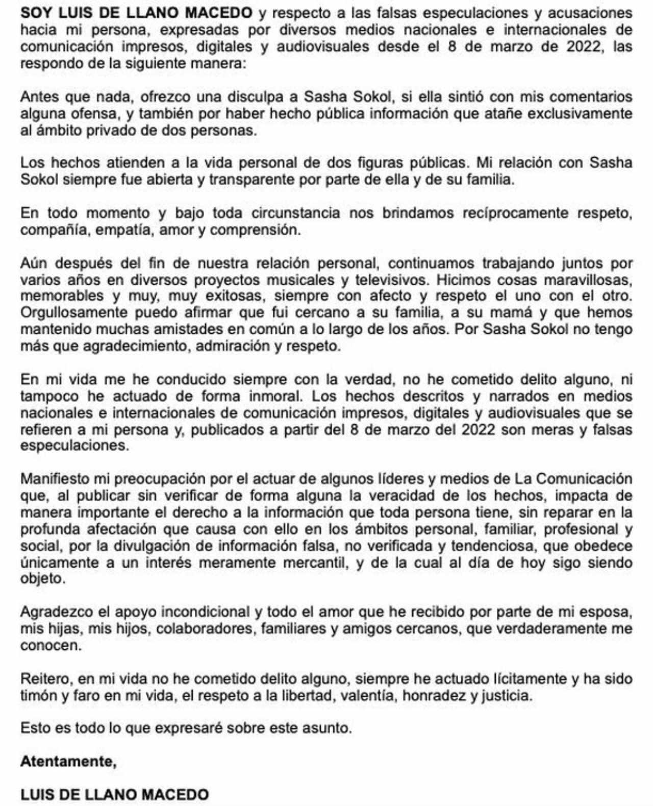 Comunicado Luis de Llano Sasha Sokol