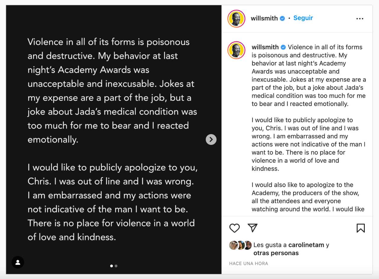Will Smith se disculpa públicamente con Chris Rock