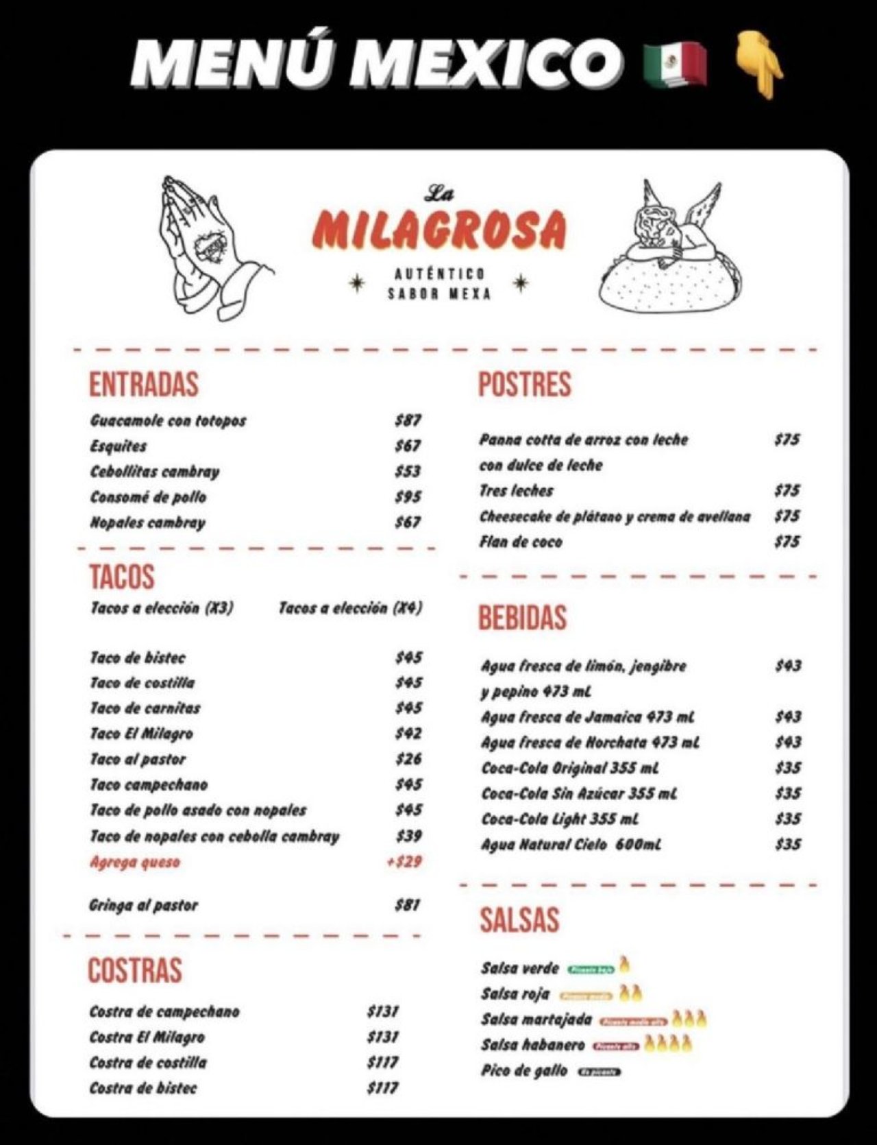 menu la milagrosa Juanpa Zurita tacos