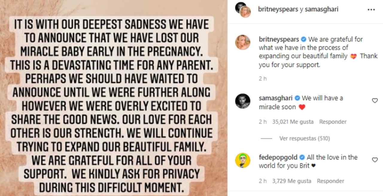 Britney Spears revela que perdió al bebé del que estaba embarazada