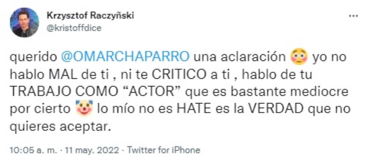 Tweet Kristoff Raczyñski contra Omar Chaparro