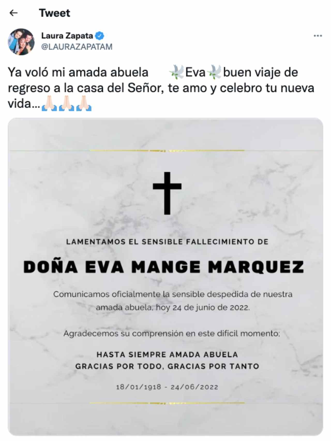 Laura Zapata informa la muerte de su abuela