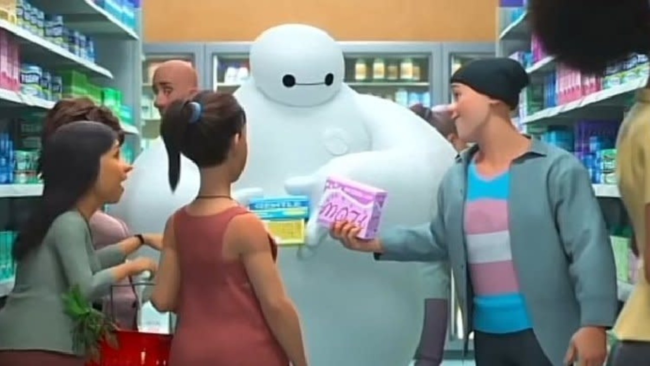 Baymax hombre trans comprando toallas Disney