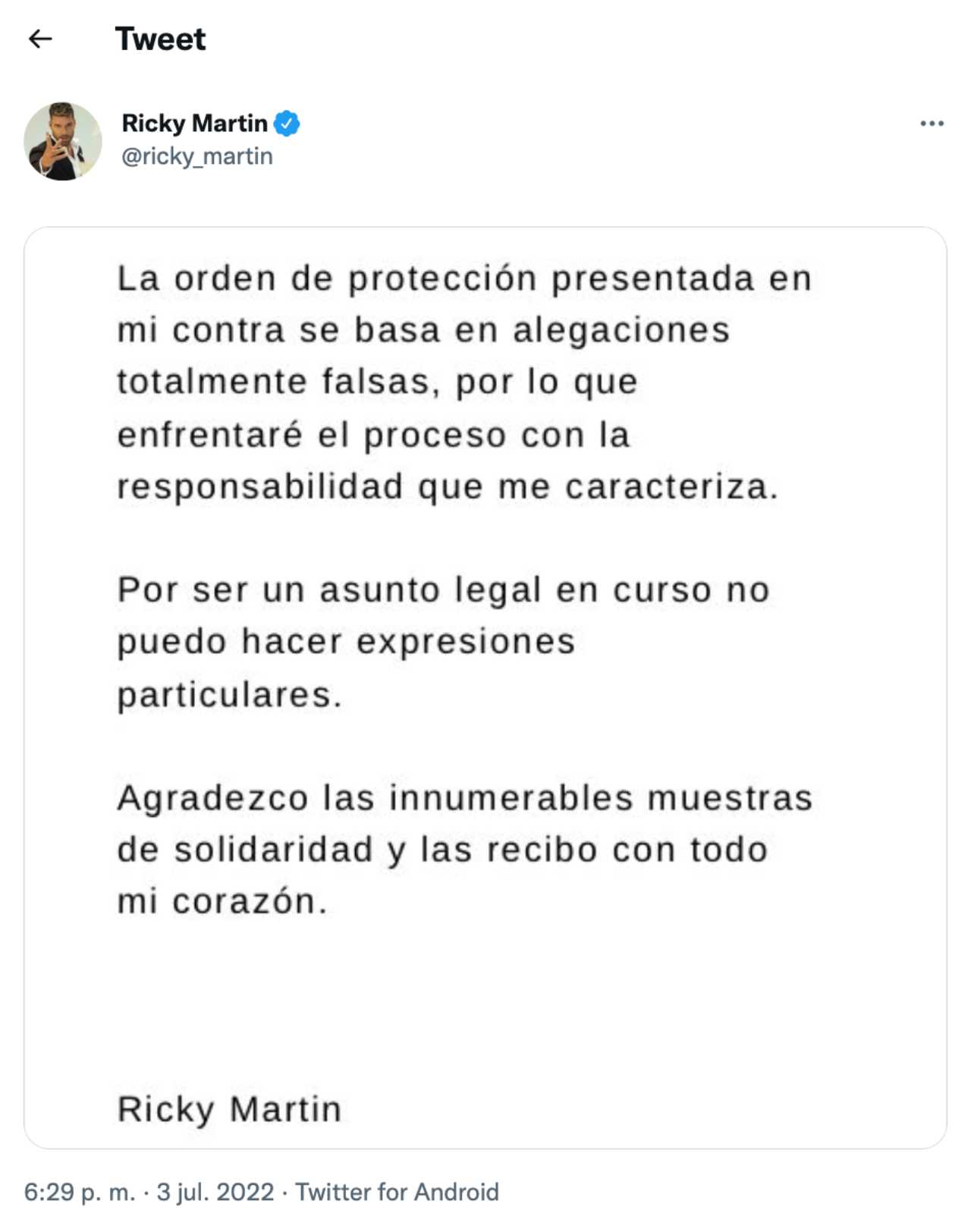 Ricky Martin reacciona a denuncia por incesto