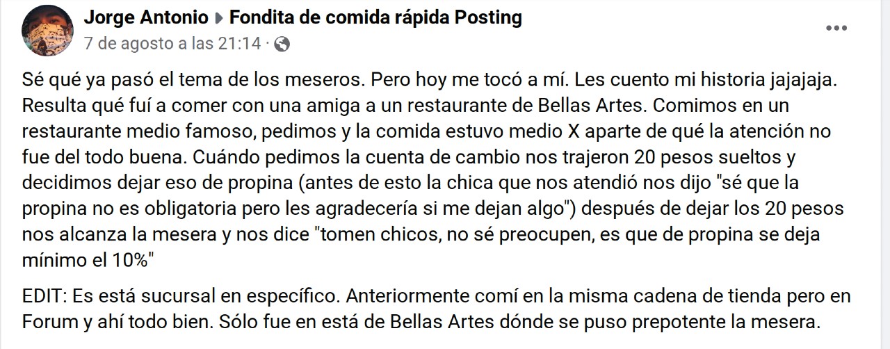 mesera propina devuelve restaurante