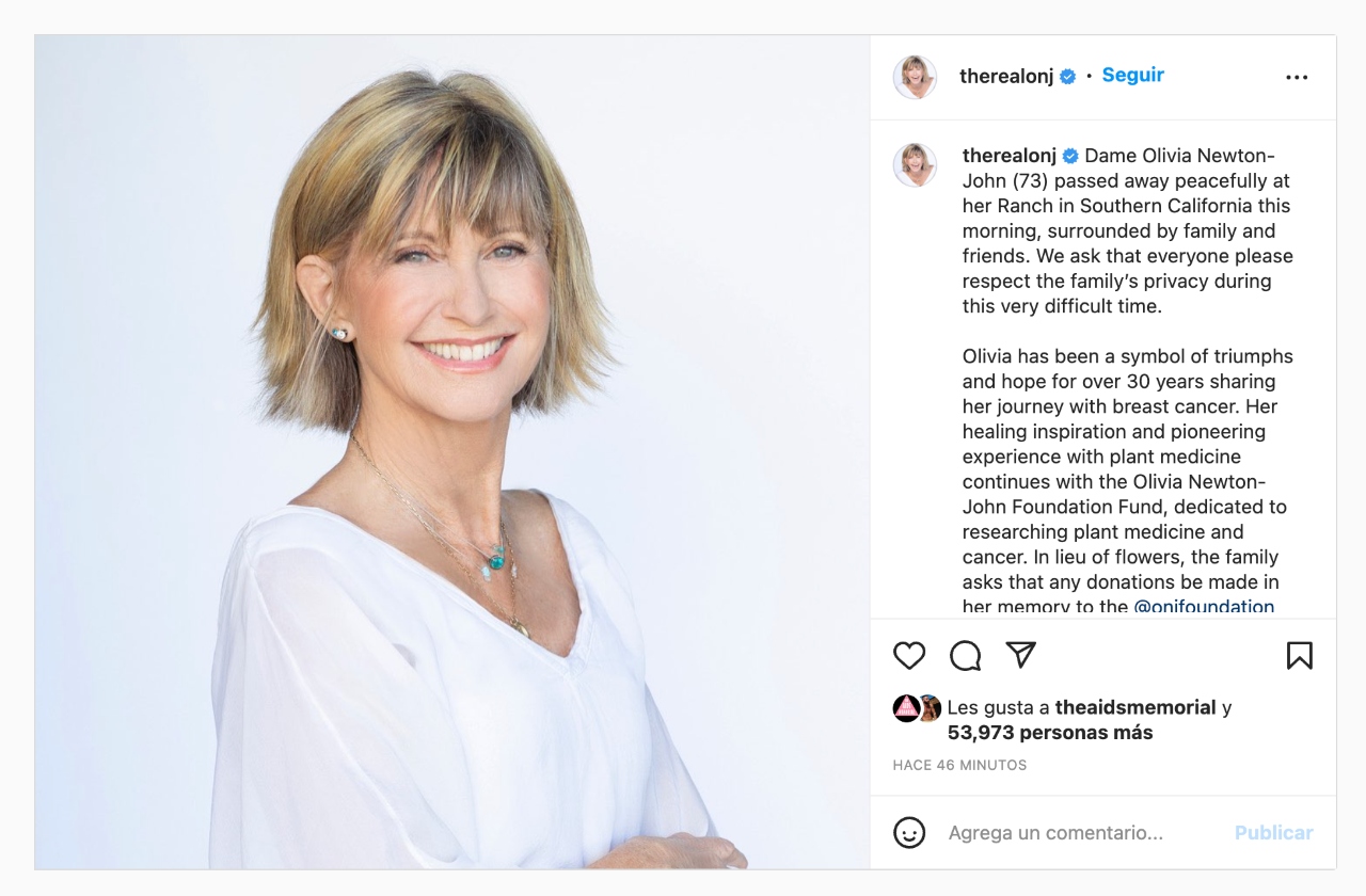 Muere Olivia Newton John a los 73 años de edad