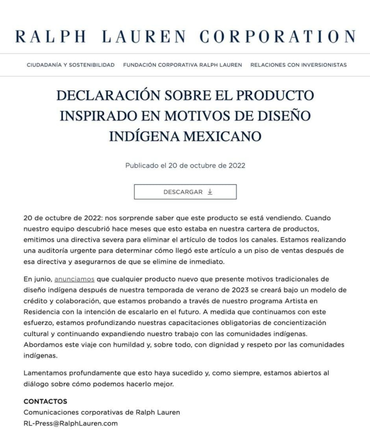 Ralph Lauren comunicado