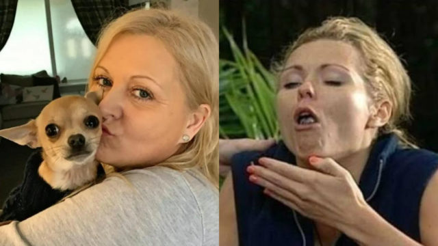 Perro popo cara mujer
