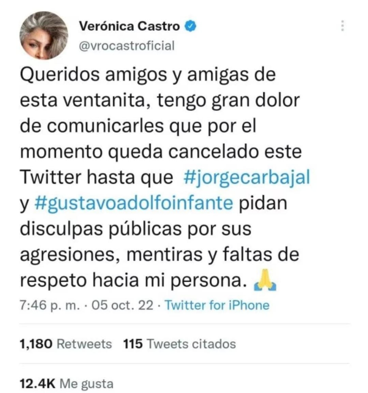 Verónica Castro cierra Twitter