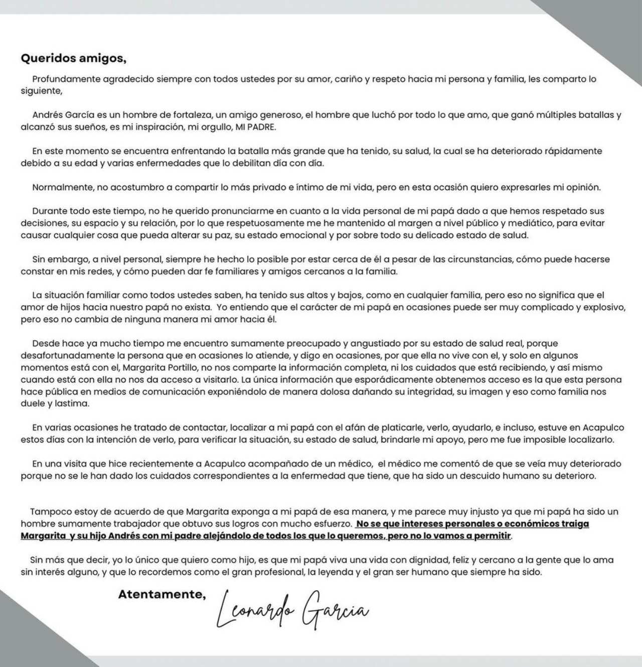 comunicado hijo andres garcia salud papa