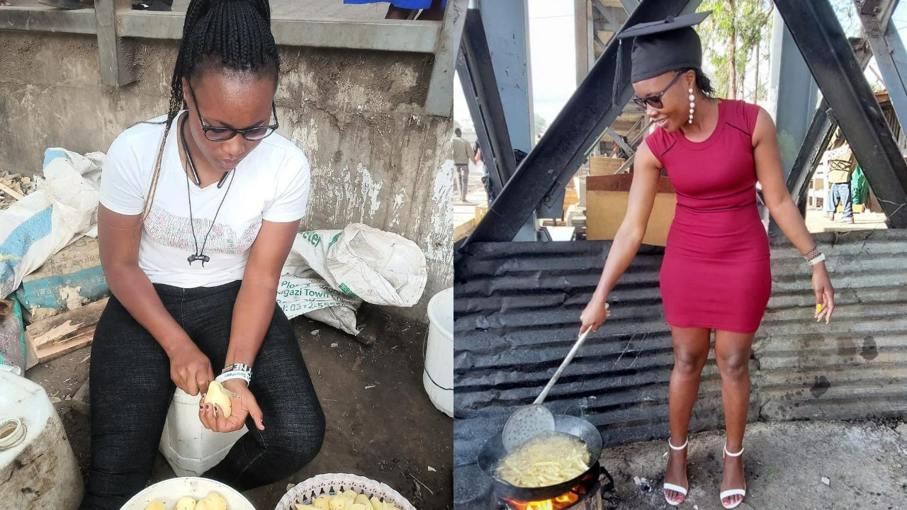 Joven universidad papas fritas