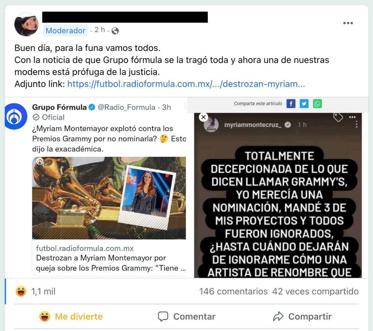 Myriam se queja de no ser nominada al Grammy