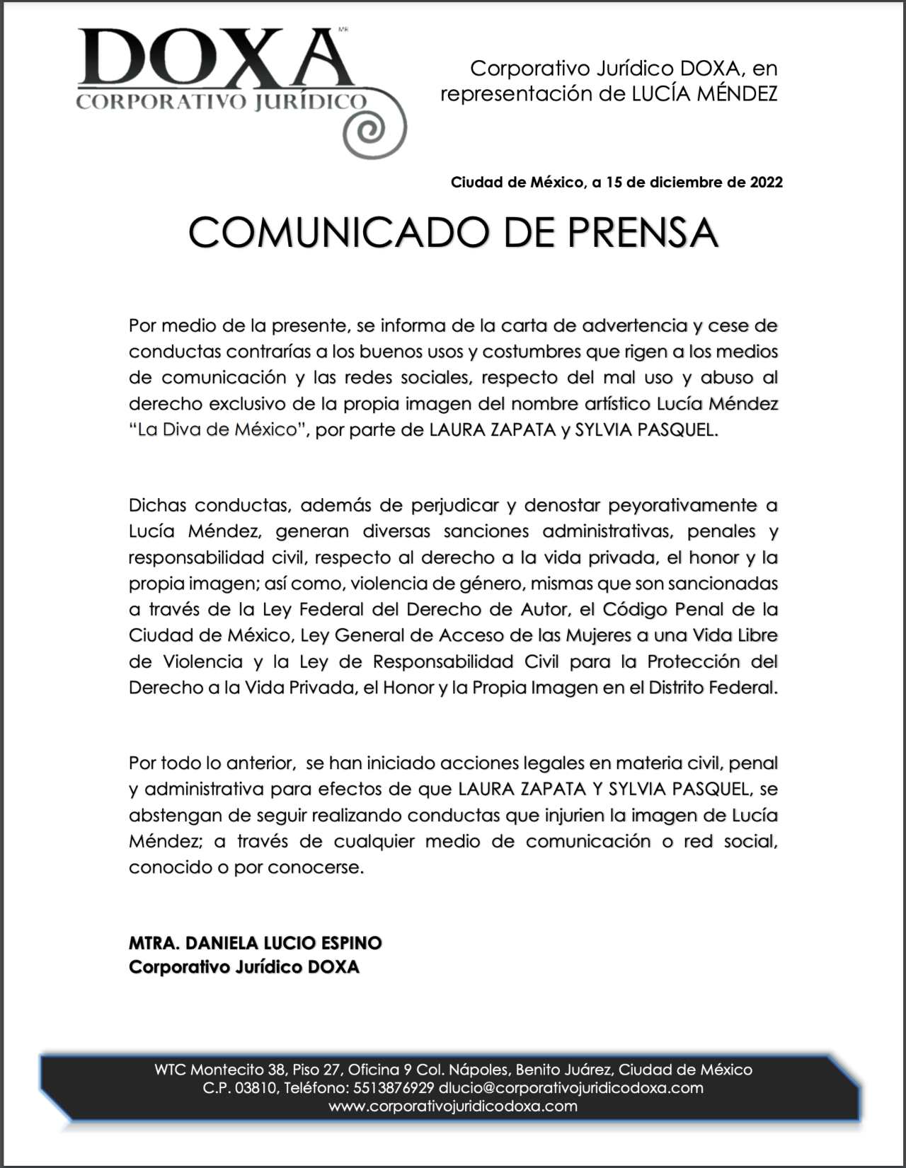Lucía Méndez lanza comunicado contra Laura Zapata y Sylvia Pasquel