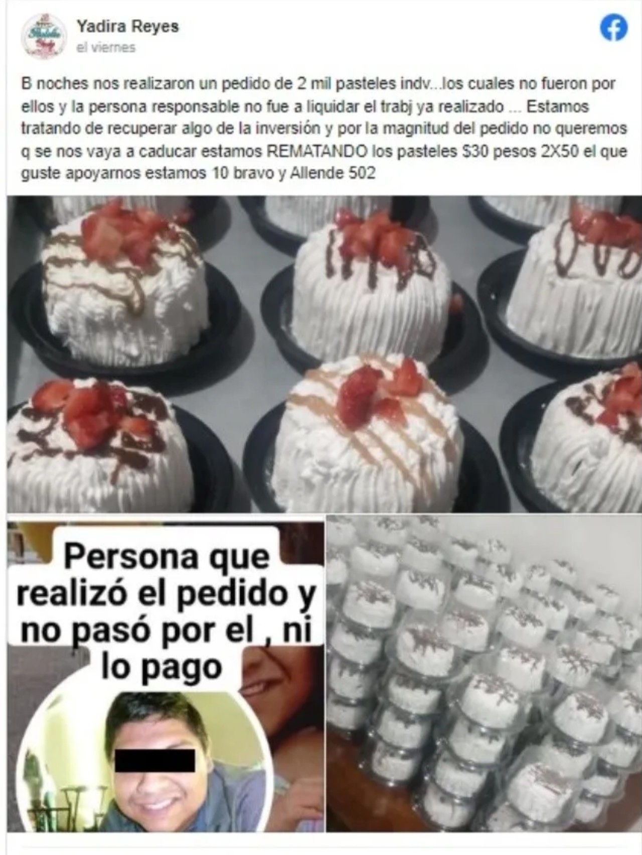 Piden 2 mil pasteles a emprendedora por broma; no los recogen y ahora busca venderlos
