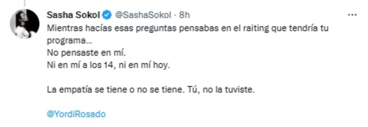 Sasha Sokol tweet arremete Yordi