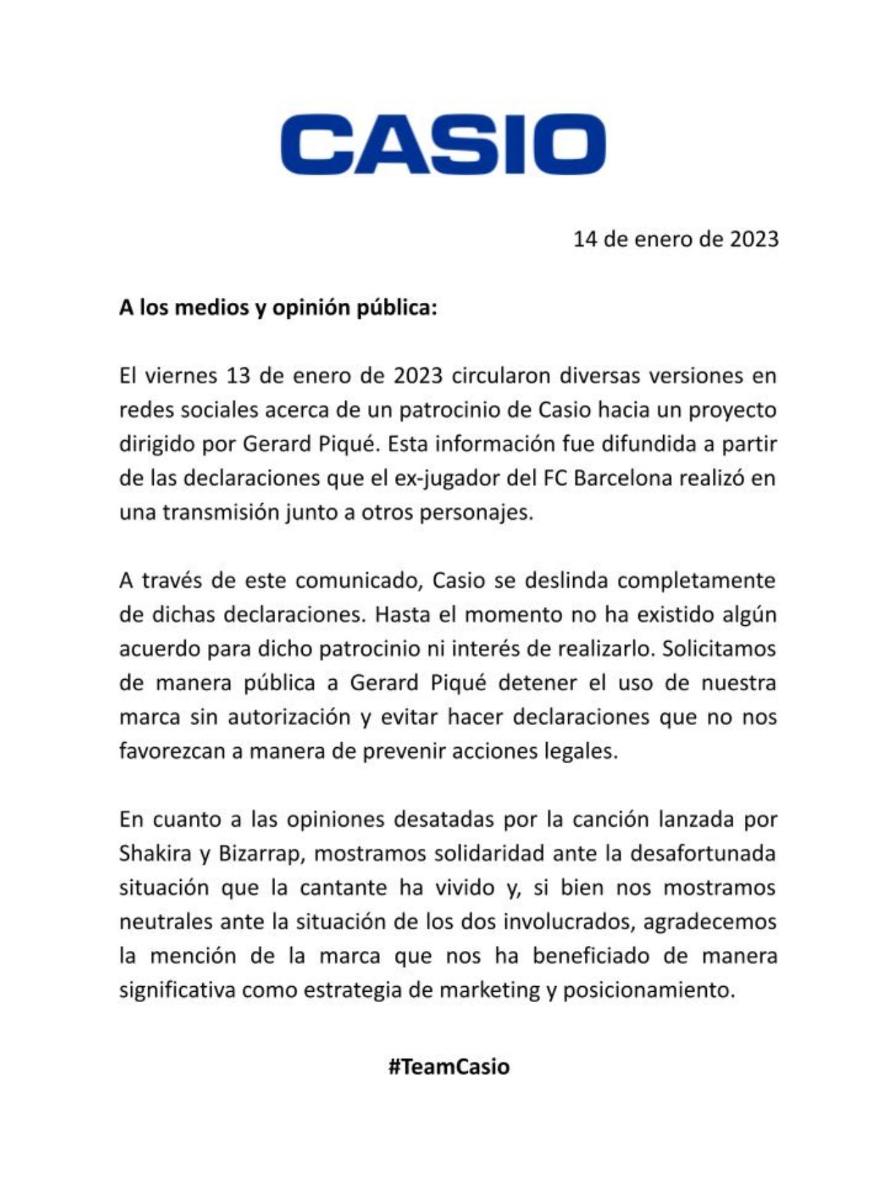 Comunicado Casio desmiente patrocinio Pique