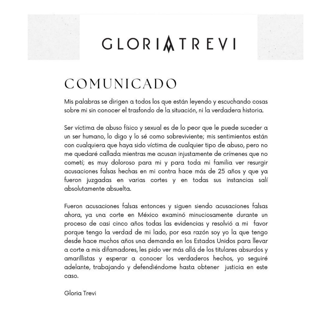 Comunicado Gloria Trevi por nueva demanda
