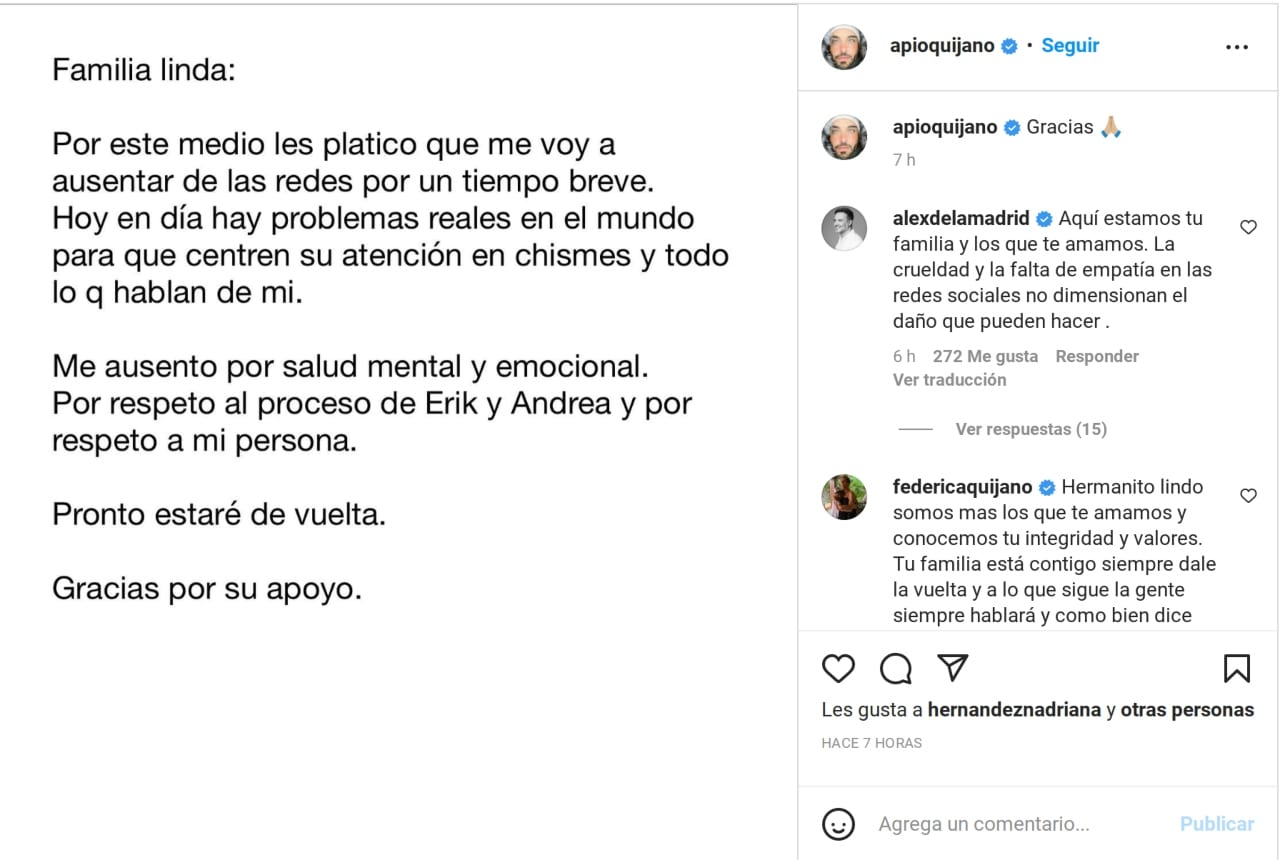 Apio Quijano Andrea Legarreta Erik Rubín comunicado retira redes sociales