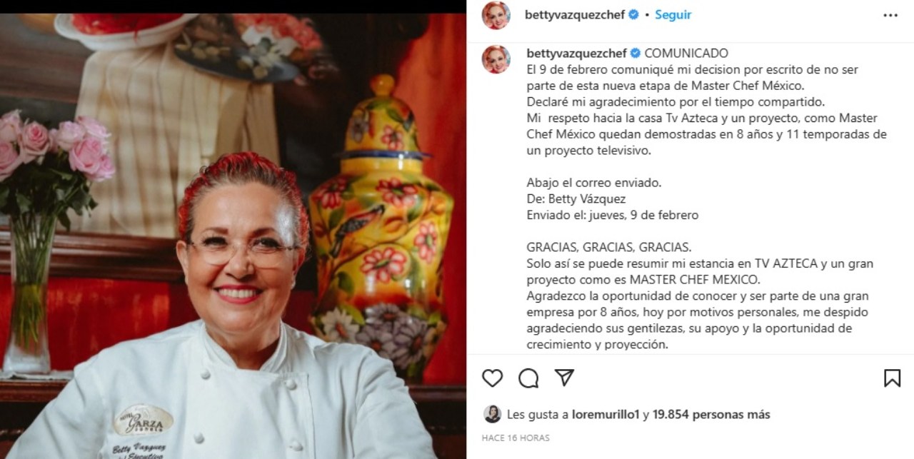 Chef Betty Vazquez corrida Masterchef comunicado