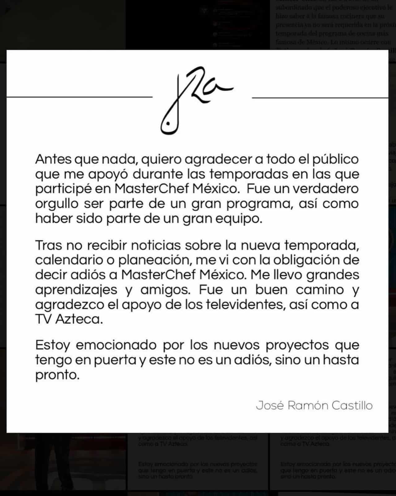 Comunicado Chef Josera corrido de MasterChef