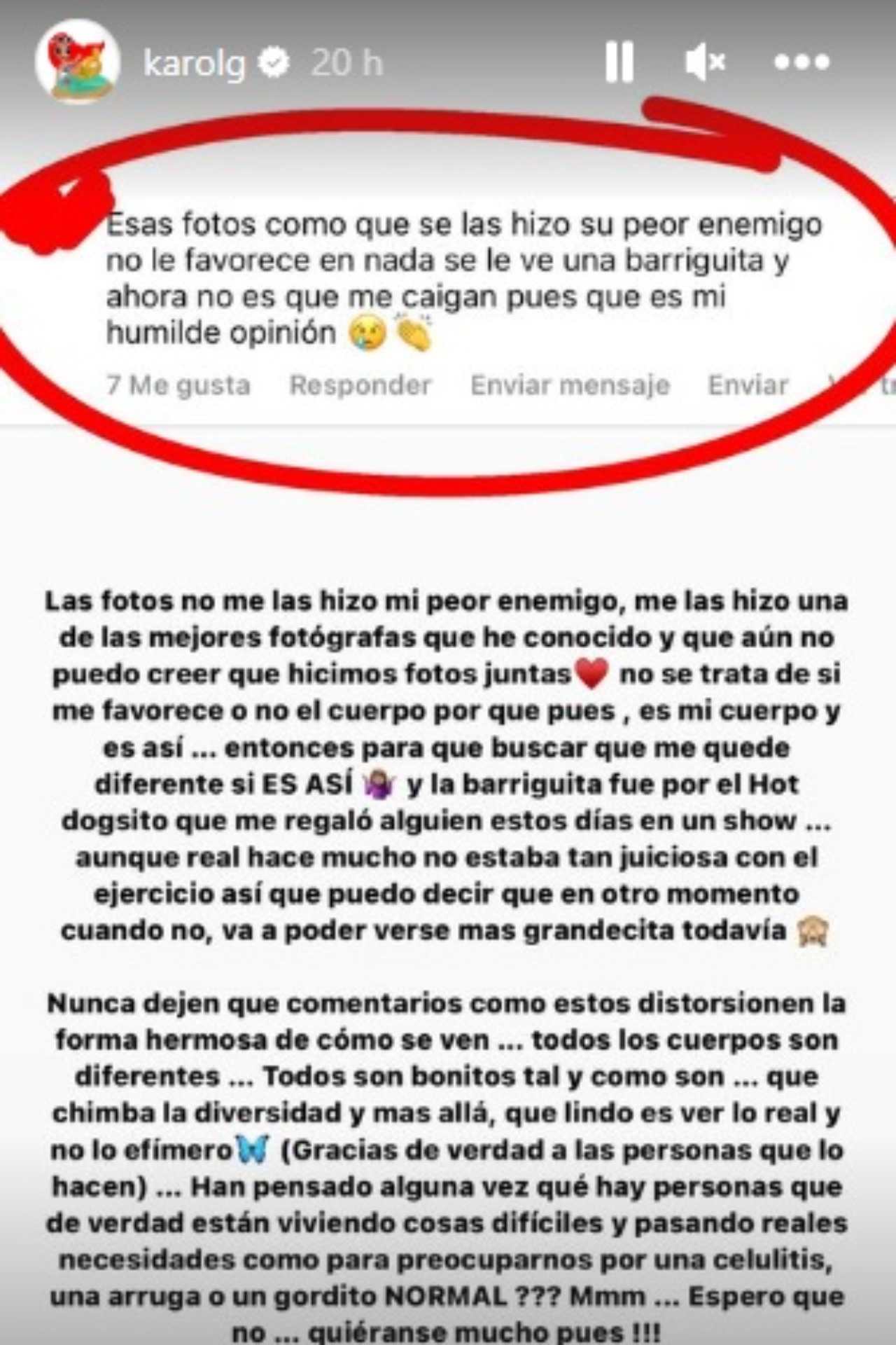 karol G responde criticas cuerpo mensaje