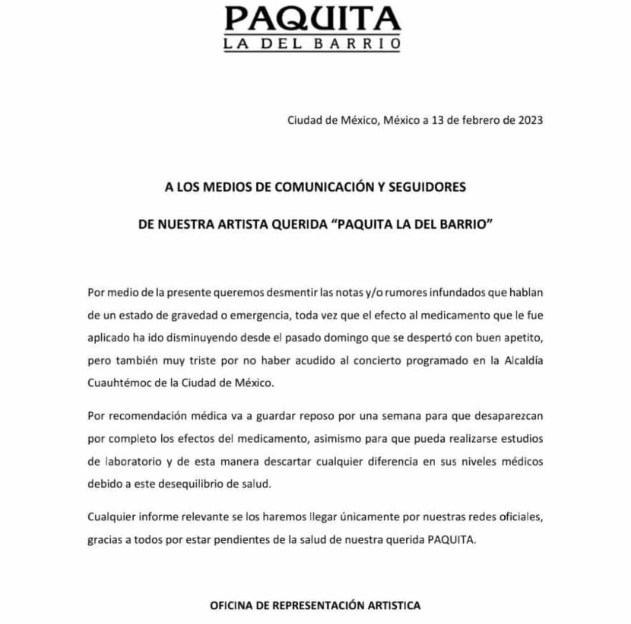 Paquita la del Barrio comunicado