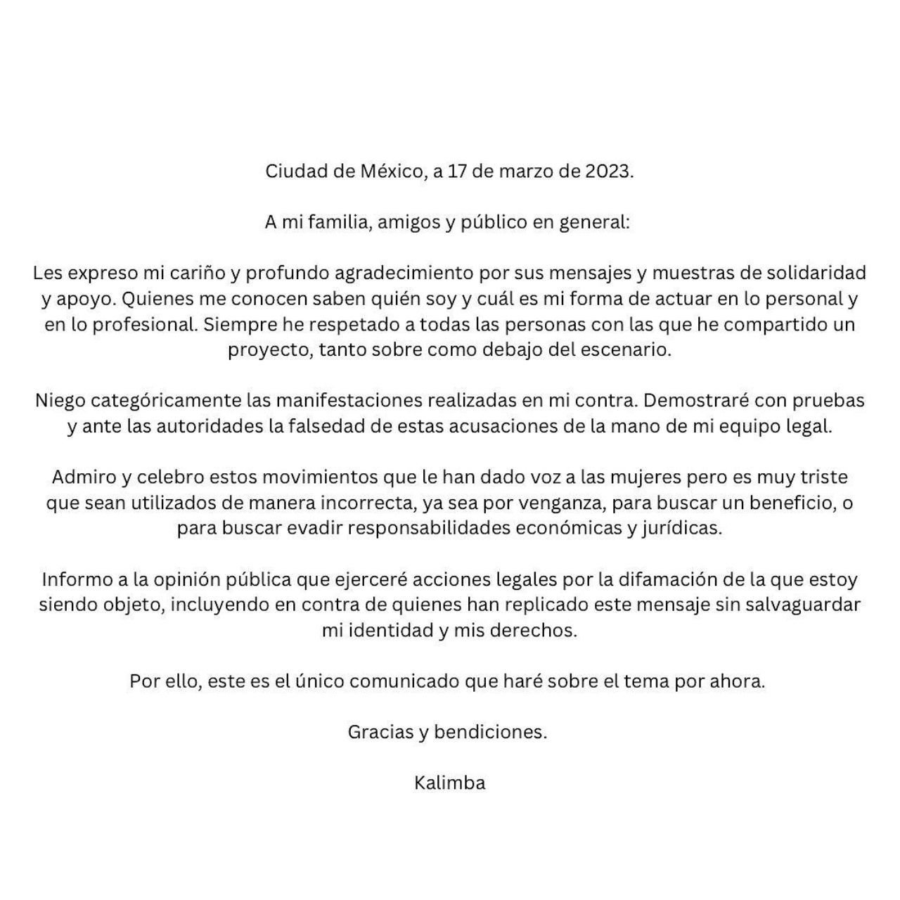 Kalimba lanza comunicado acusaciones abuso