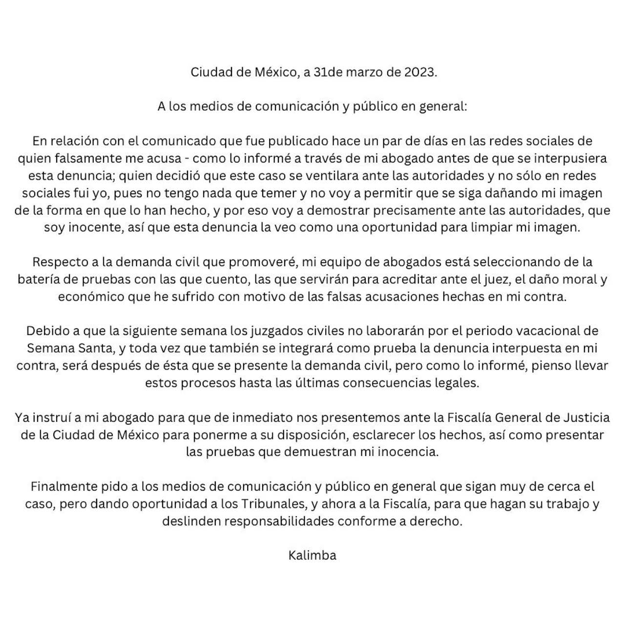Comunicado Kalimba ira Fiscalia General Justicia