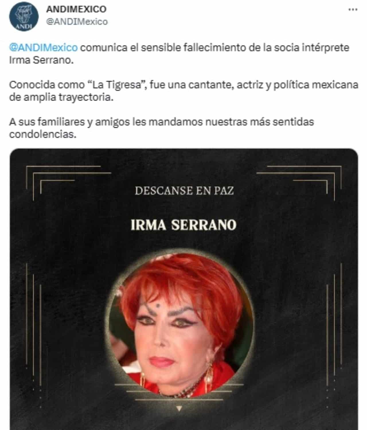 Muere Irma Serrano 89 años edad