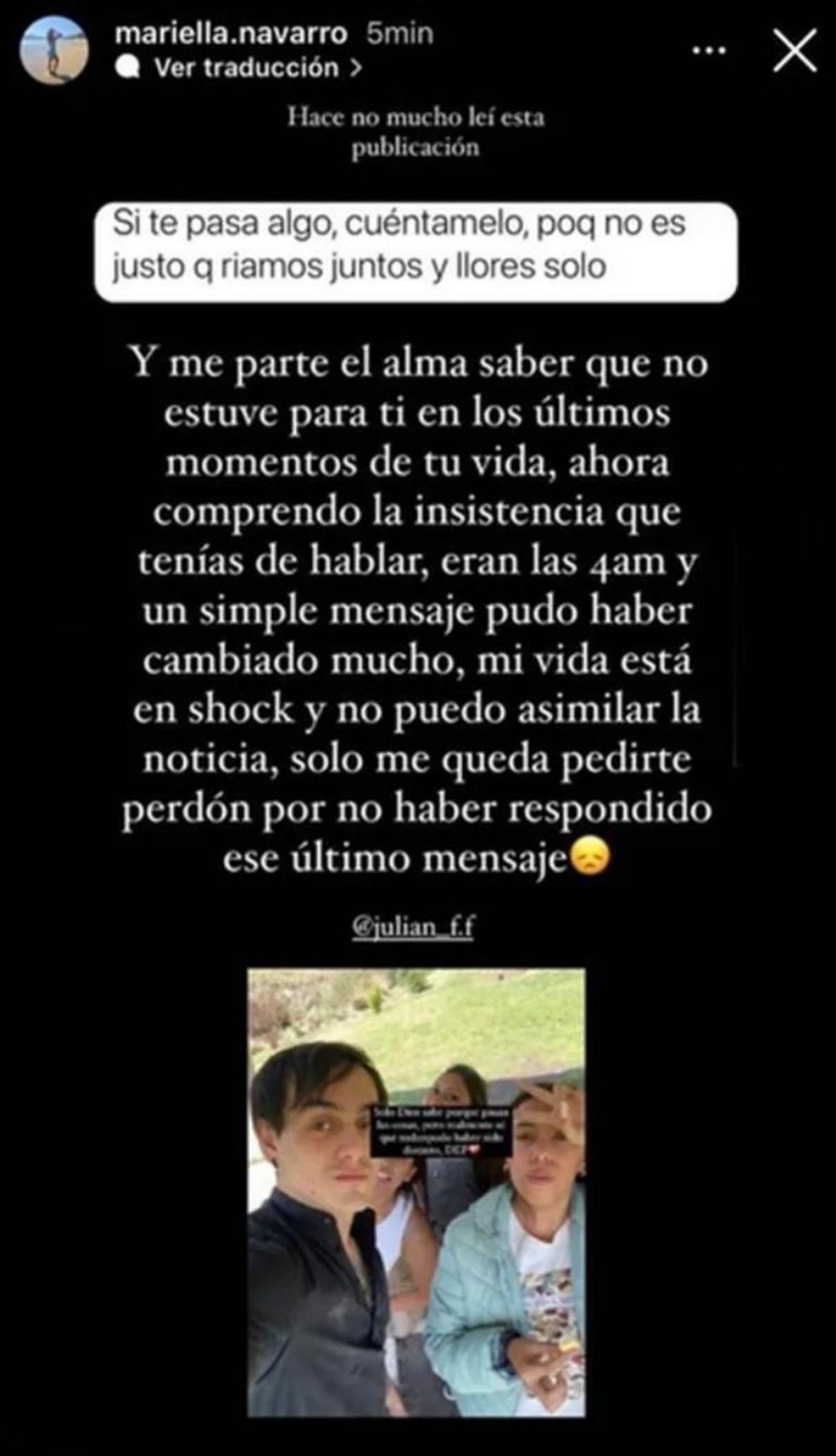 Amiga Julian Figueroa revela ultimo mensaje
