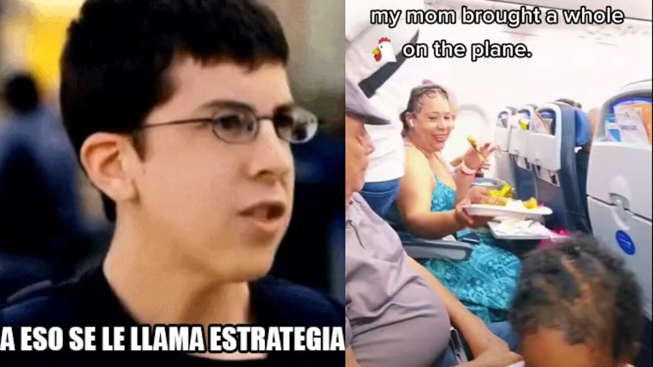 mujer pollo frito avión
